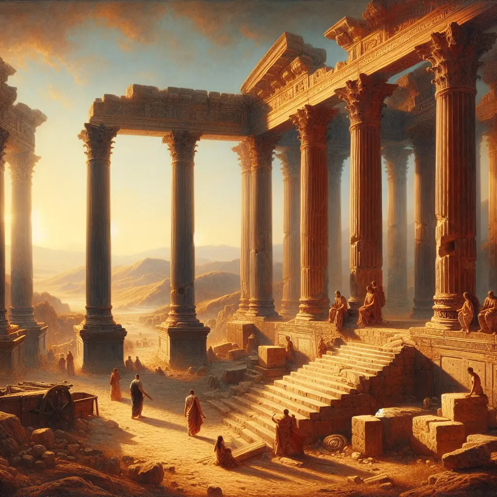 Majestic ancient Roman ruins with towering Doric, Ionic, and Corinthian columns illuminated by warm sunlight, depicted in a cinematic 1960s historical epic painting style.
