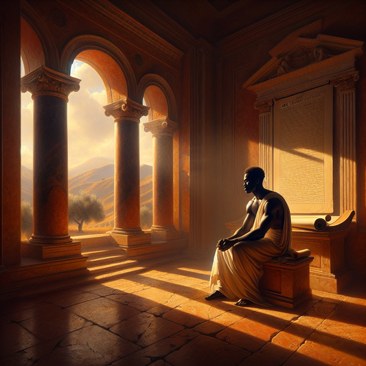 Ancient Roman scholar seated contemplatively by a sunlit window reading a scroll titled On the Shortness of Life, surrounded by classical architecture and Mediterranean landscape.