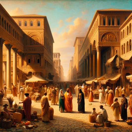 Ancient Roman street bustling with citizens wearing togas and tunics that reflect social hierarchy, set against realistic Roman architecture in a warm, cinematic style.