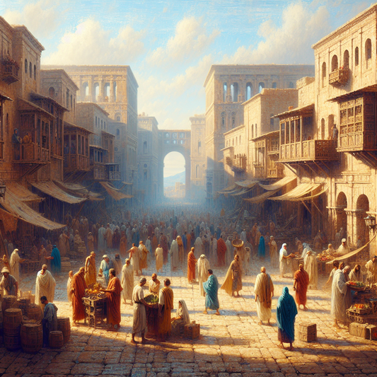 Busy ancient Roman street with multi-story insulae buildings, merchants, and citizens under a bright sky, painted in a 1960s epic historical style.