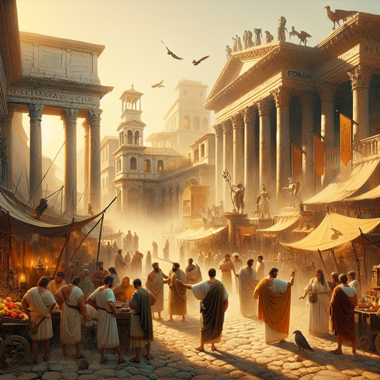 Ancient Roman street scene with senators, market vendors, and common people under warm sunlight, featuring subtle mystical omens and augur symbols woven into the environment in a 1960s cinematic epic painting style.