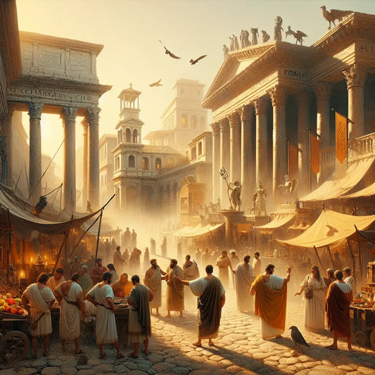 Ancient Roman street scene with senators, market vendors, and common people under warm sunlight, featuring subtle mystical omens and augur symbols woven into the environment in a 1960s cinematic epic painting style.