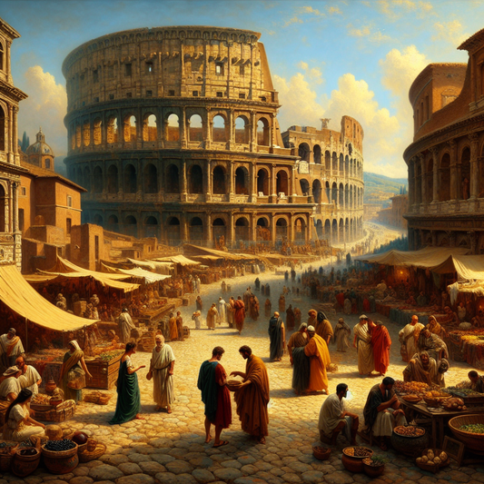 A lively ancient Roman street scene with togas and tunics, busy market stalls selling olives and bread, the Colosseum looming in the background under a bright blue sky, with the Roman Forum visible beyond.