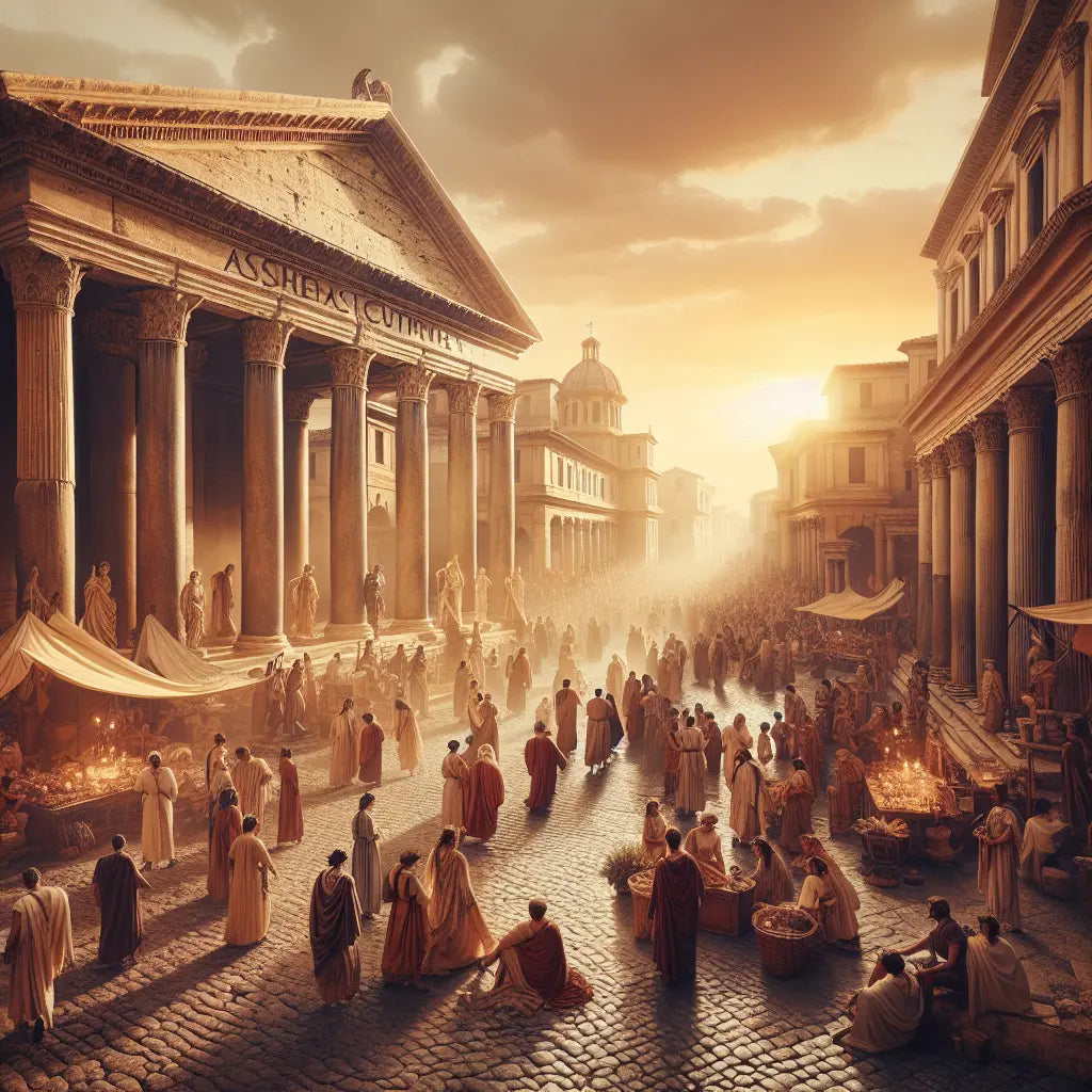 Ancient Roman street bustling with marketplace activity and citizens performing religious rituals near grand temples topped with statues of Jupiter and Venus, at sunset under a clear sky.
