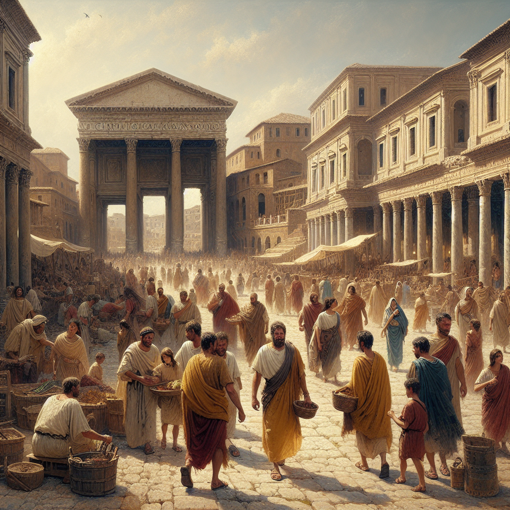 Ancient Roman street scene with citizens in simple wool tunics and belts walking past classic columns and forum buildings under a warm Mediterranean sun, painted in a cinematic 1960s epic style.