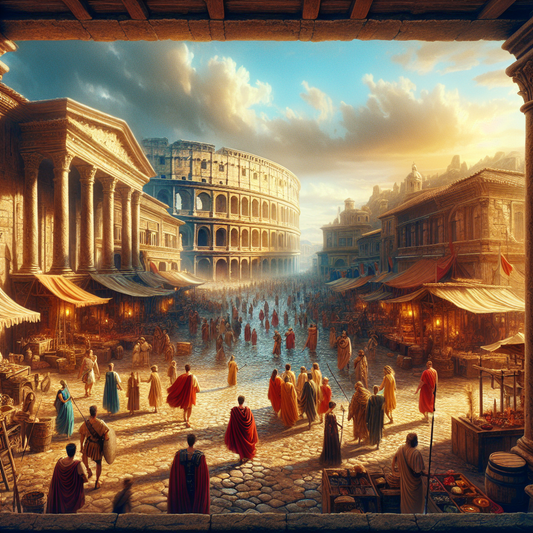 A vibrant, bustling first-century Roman street scene with merchants, soldiers, and citizens before the Colosseum under a bright blue sky, painted in a cinematic 1960s historical epic style.