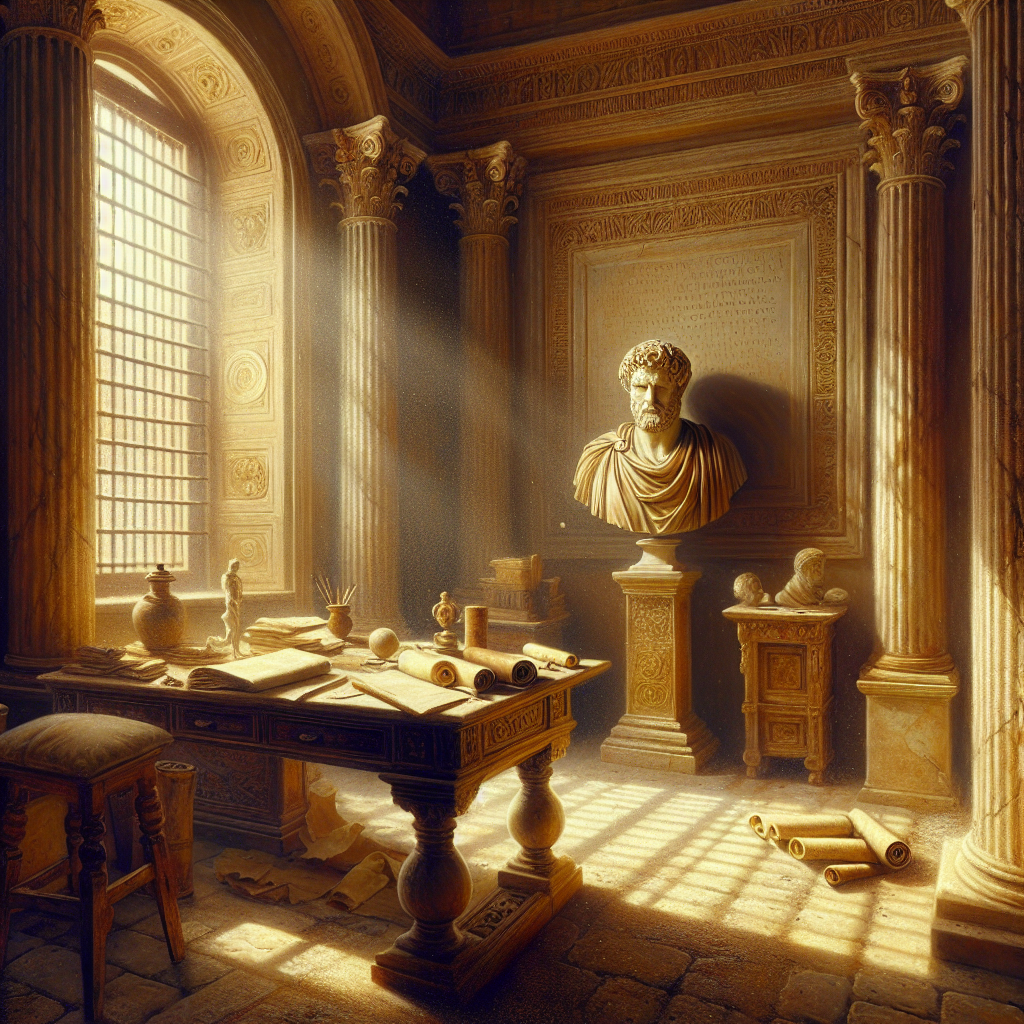 A tranquil ancient Roman study room softly lit by sunlight, featuring scrolls on a wooden desk and a bust of Marcus Aurelius, evoking calm reflection.