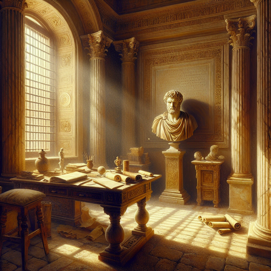 A tranquil ancient Roman study room softly lit by sunlight, featuring scrolls on a wooden desk and a bust of Marcus Aurelius, evoking calm reflection.