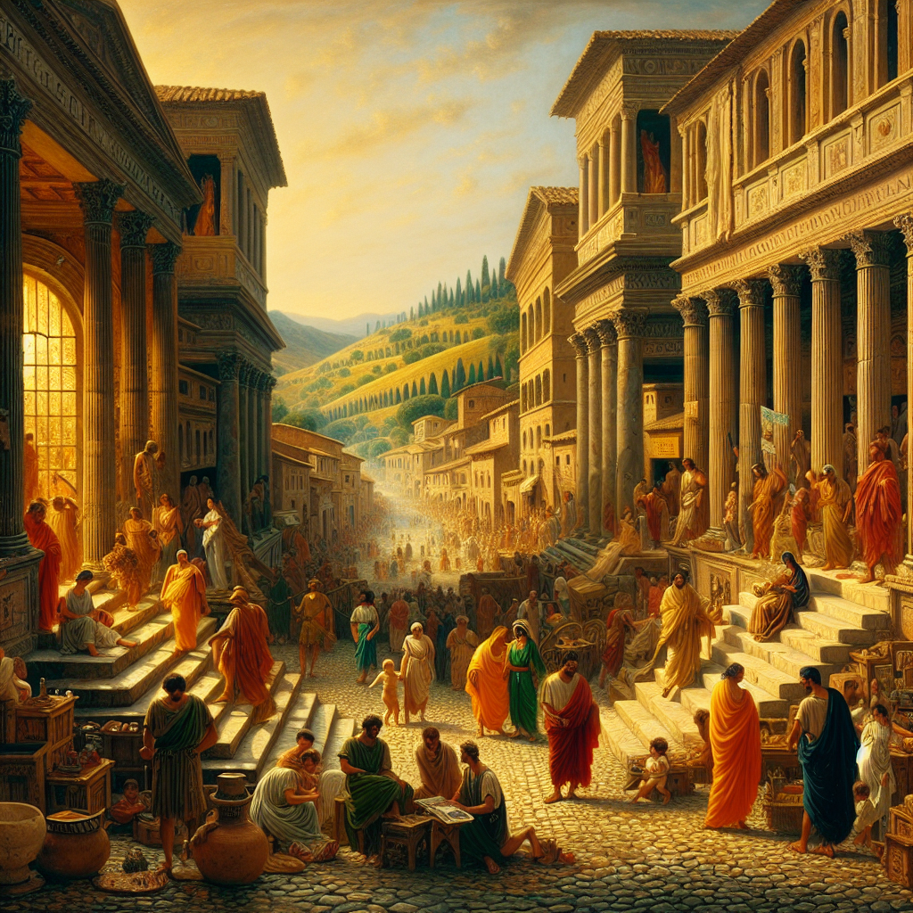 Ancient Roman crowded city street scene with authentic architecture and figures in period clothing, contrasted by a calm rural countryside in the background symbolizing urban versus rural life expectancy.