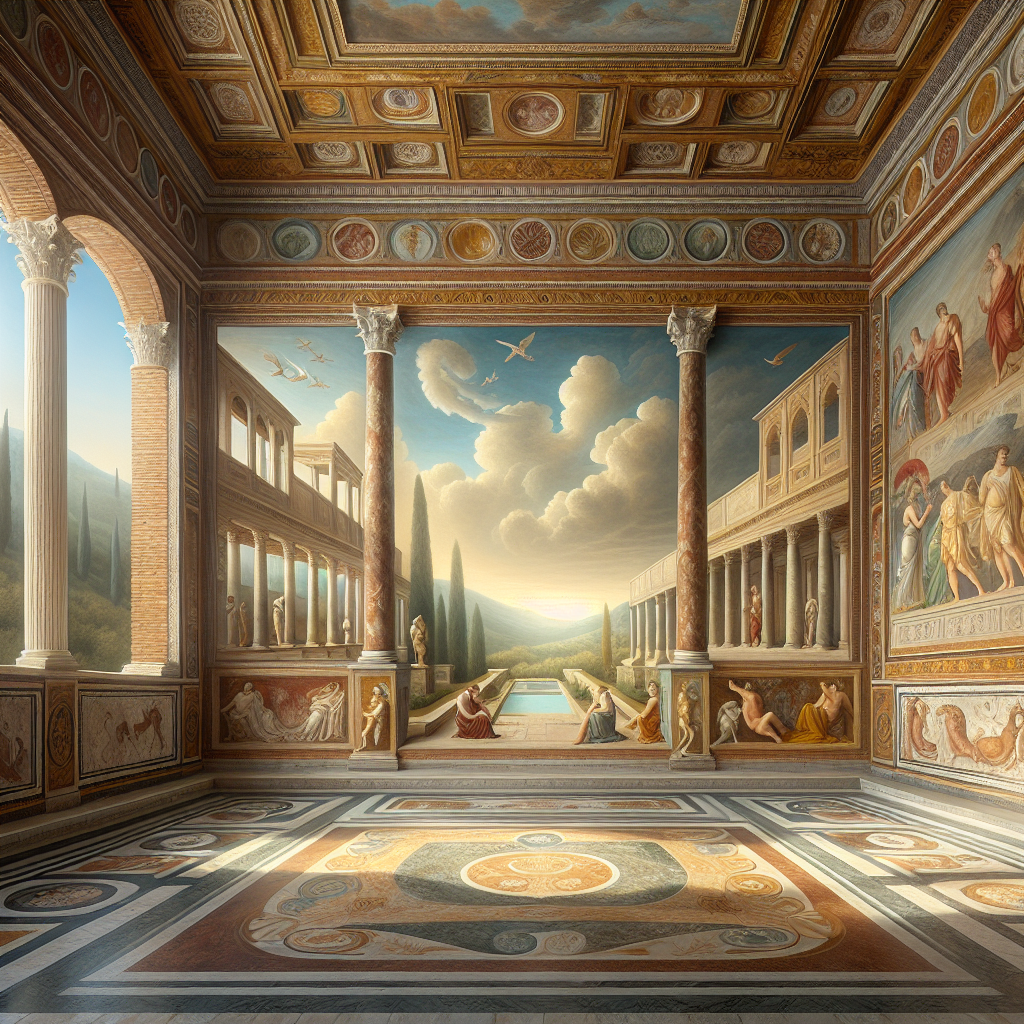 Interior of an ancient Roman villa with detailed frescoes showing all four Roman wall painting styles illuminated by warm natural light, rendered in the style of classic 1960s Roman historical films.