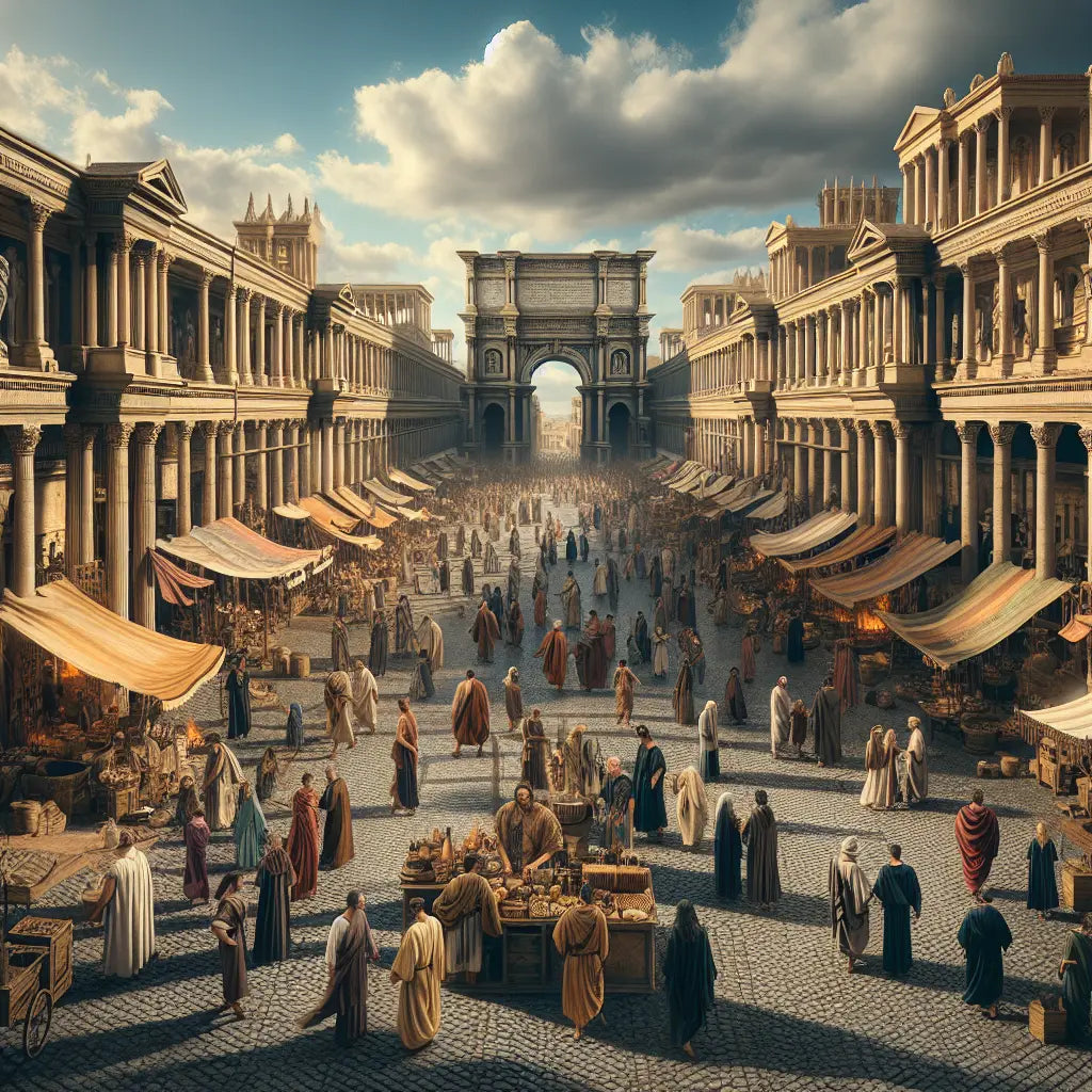 Citizens in ancient Rome and Athens wearing togas and himations mingle in a lively classical street scene with merchants and iconic architecture under warm daylight, inspired by 1960s historical epics.