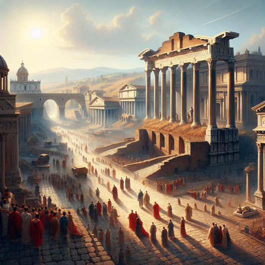A panoramic painting of ancient Rome in the first century CE showing bustling crowds, grand temples with Corinthian columns, aqueducts, and monumental architecture under a clear blue sky, in the style of classic 1960s Roman historical films.