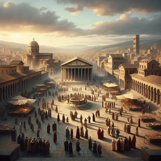 Panoramic view of ancient Rome's Roman Forum and Trajan's Market bathed in golden sunlight, featuring Roman citizens, merchants, and soldiers in traditional attire amid imperial architecture.