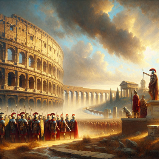Majestic panoramic painting of Ancient Rome featuring the Colosseum, Roman legions in formation, aqueducts, and the Capitoline Wolf statue beneath a dramatic golden sky, inspired by classic 1960s historical epics.