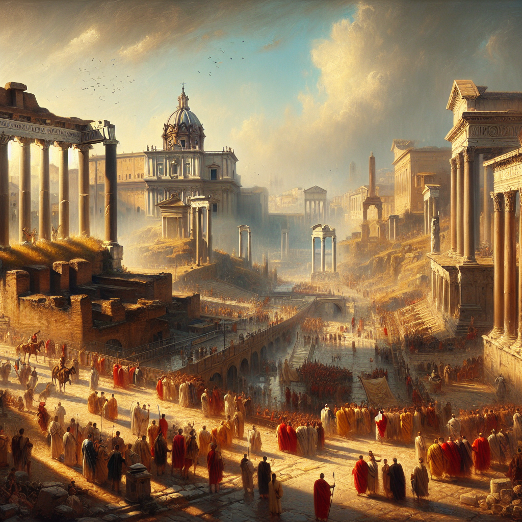 Panoramic view of ancient Rome at its peak under a clear blue sky, showing bustling streets, towering temples, and the Roman Forum with toga-clad citizens and Roman soldiers.