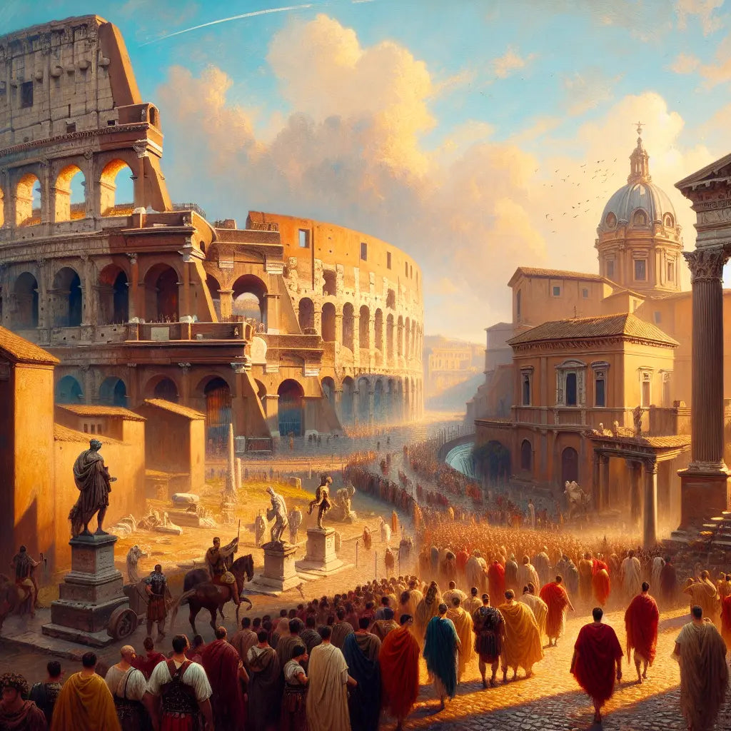 Ancient Romans walking through a warmly lit street in Rome with iconic landmarks like the Colosseum and Pantheon glowing under a Mediterranean sunset, painted in a cinematic 1960s epic style.