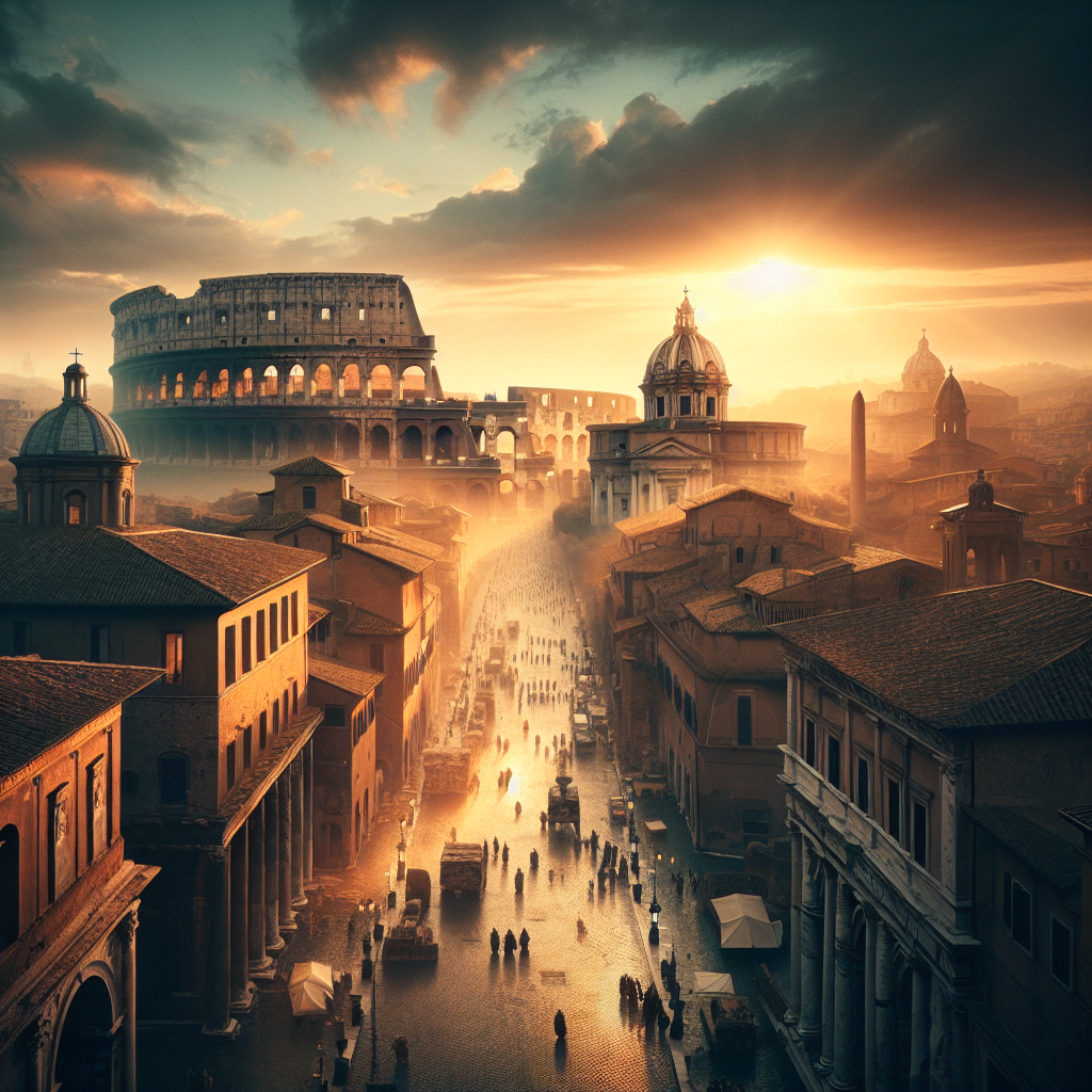 Panoramic view of ancient Rome at sunset with the Colosseum and Capitoline Hill illuminated by golden light, featuring bustling cobblestone streets and historic architecture, in the style of 1960s Roman epic films.