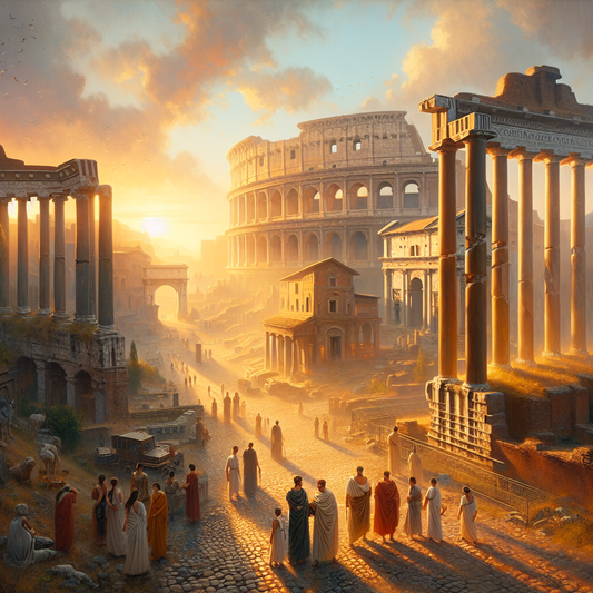 Sunlit panoramic view of ancient Rome at sunset showing cobblestone streets, ruins of the Roman Forum, and the glowing Colosseum in the background, evoking timeless history and philosophy.