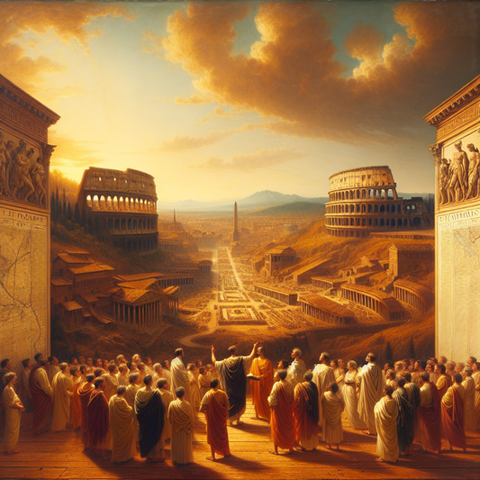 Sepia-toned ancient map of Rome with Roman Forum and Colosseum in the background, overlaid by a detailed timeline marked with CE and AD dates, with toga-clad scholars discussing in the foreground, in the style of classic 1960s Roman epics.