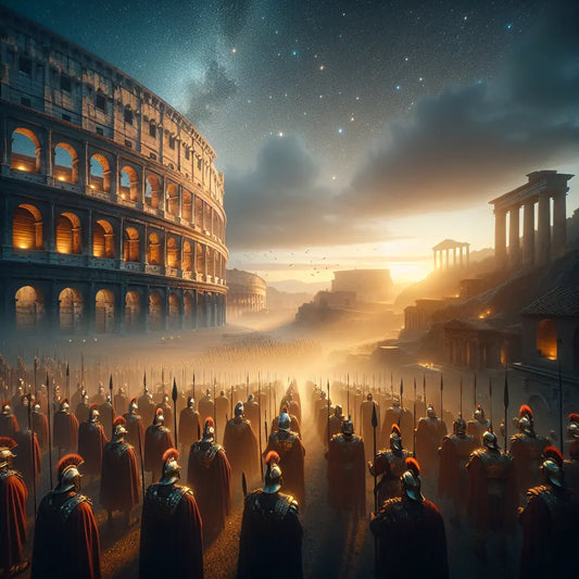 Twilight view of ancient Rome cityscape with the Colosseum prominently lit, Roman soldiers in testudo formation silhouetted in the foreground under a starry sky, inspired by classic 1960s Roman epic films.