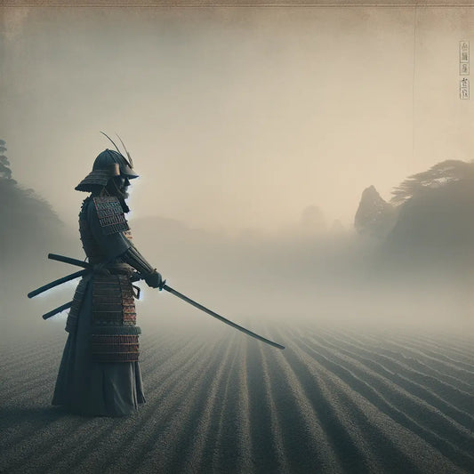 Ancient samurai warrior in traditional armor holding a katana on a misty battlefield at dawn, depicted with calm and disciplined atmosphere in a minimalist Japanese style.