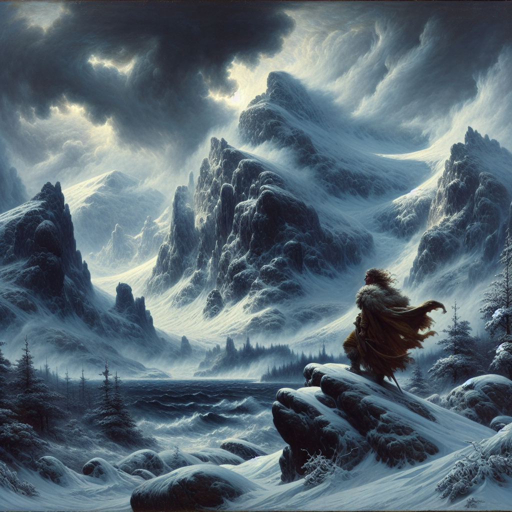 A cinematic painting of an ancient Scottish winter landscape with snow-covered mountains and swirling snowflakes, featuring the mythical figure of Beira, the Gaelic goddess of winter, standing on a hilltop amid a harsh, frozen wilderness.