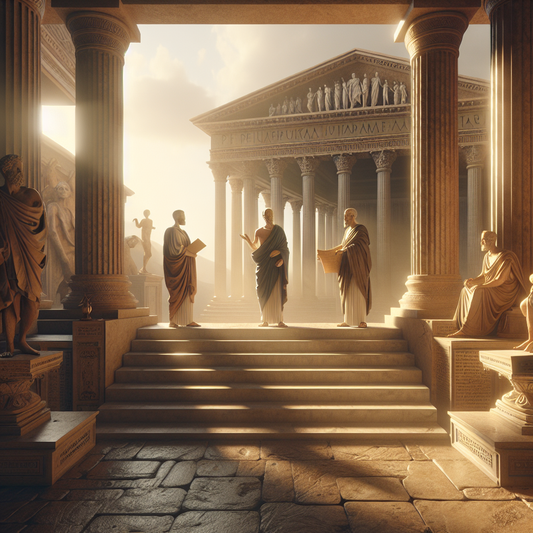 Ancient Stoic philosophers Plato, Epictetus, and Marcus Aurelius in a Roman forum, surrounded by symbols of philosophy and classic architecture, depicted in a cinematic 1960s historical epic painting style.