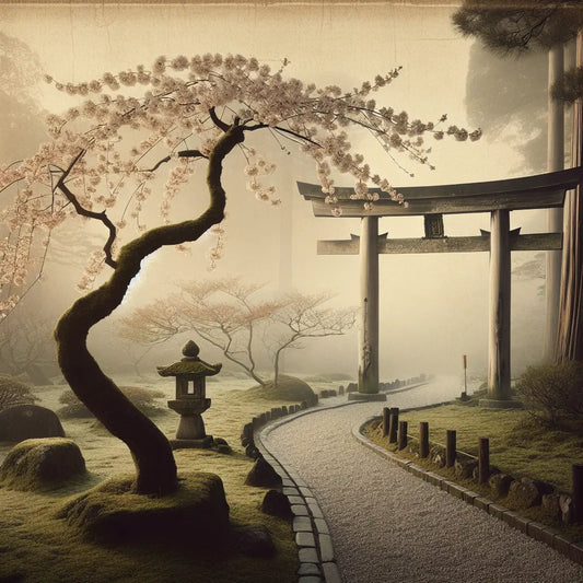 A tranquil ancient torii gate by a misty stone path with delicate cherry blossoms and soft morning light, evoking serene Japanese tradition.