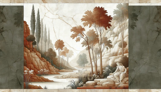 Ancient European landscape in stone relief style with forests hills and rivers in warm earth tones and natural white background