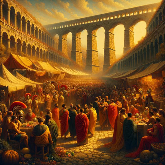 A cinematic scene depicting an ancient Greek marketplace vibrant with philosophers, juxtaposed with a Roman roadway featuring marching soldiers and aqueducts, styled like a 1960s historical film.