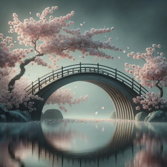 Zarte japanische Kirschblüten, die sanft über eine traditionelle gewölbte Holzbrücke fallen, in einer minimalistischen und ruhigen Komposition.