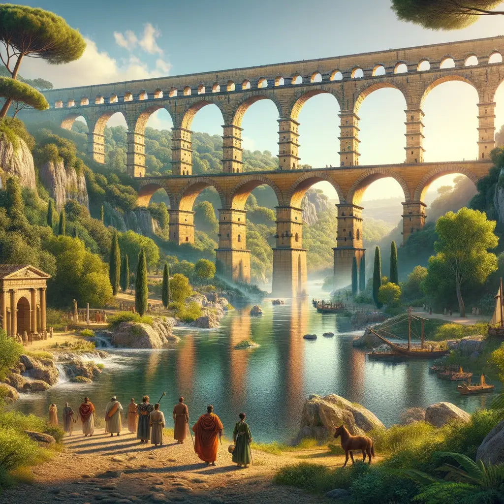 Cinematic painting of the Pont du Gard aqueduct with Roman figures, embodying the style of classic historical films from the 1960s.