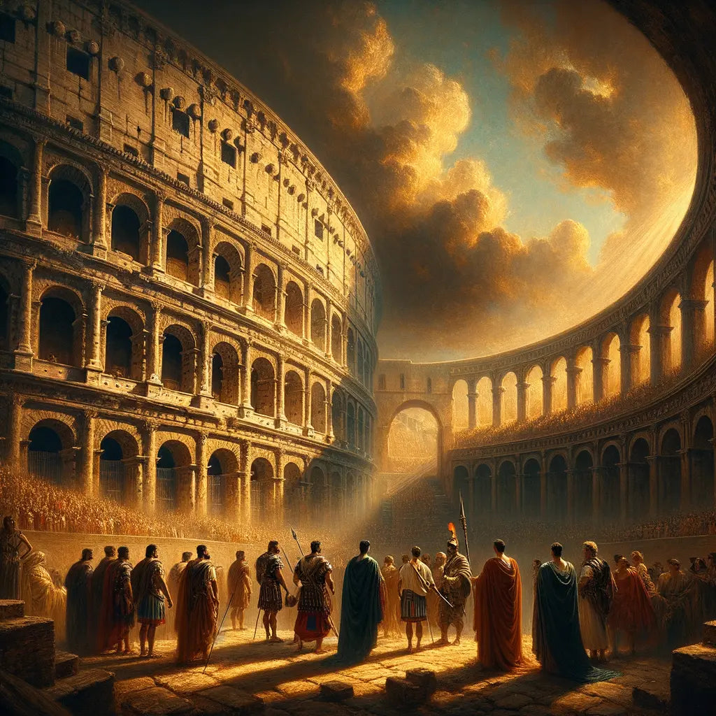 Cinematic painting of the Colosseum with dramatic sky, capturing its grandeur and historical significance, inspired by 1960s film aesthetics.