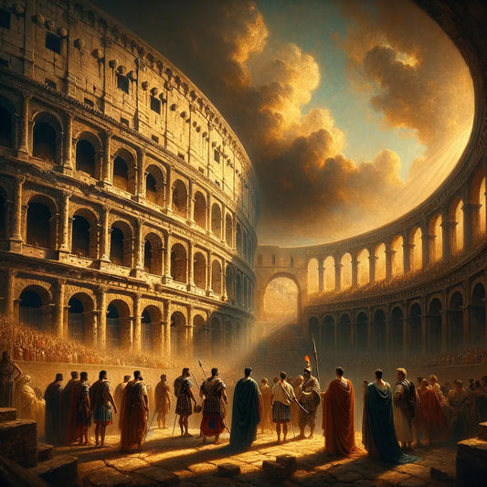 Cinematic painting of the Colosseum with dramatic sky, capturing its grandeur and historical significance, inspired by 1960s film aesthetics.