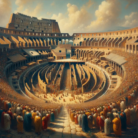 Aerial view of the Colosseum with Roman spectators, in a style inspired by classic 1960s historical films.