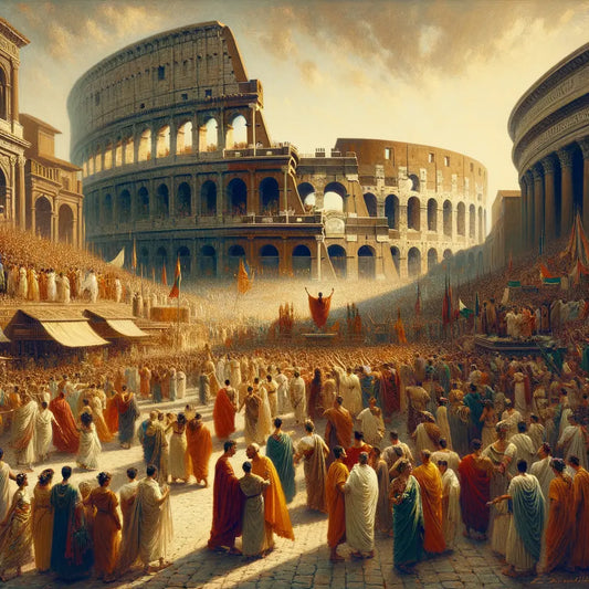 Roman citizens in togas celebrating at a festival, with the Colosseum and Roman Forum in the background, in a style reminiscent of 1960s historical films.