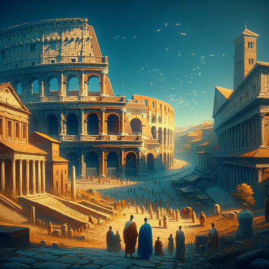The Colosseum and Pantheon under a clear blue sky, with Roman citizens in the foreground, depicted in a style inspired by 1960s historical epics.