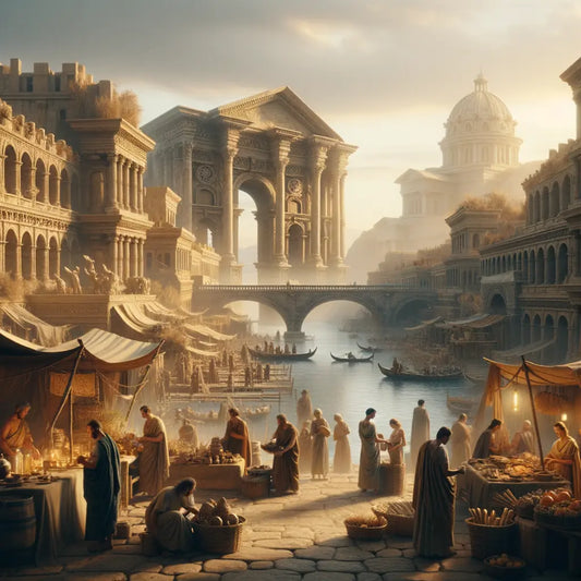 Ancient Roman market with vibrant activity, set against the Colosseum and aqueducts, inspired by classic 1960s historical film style.