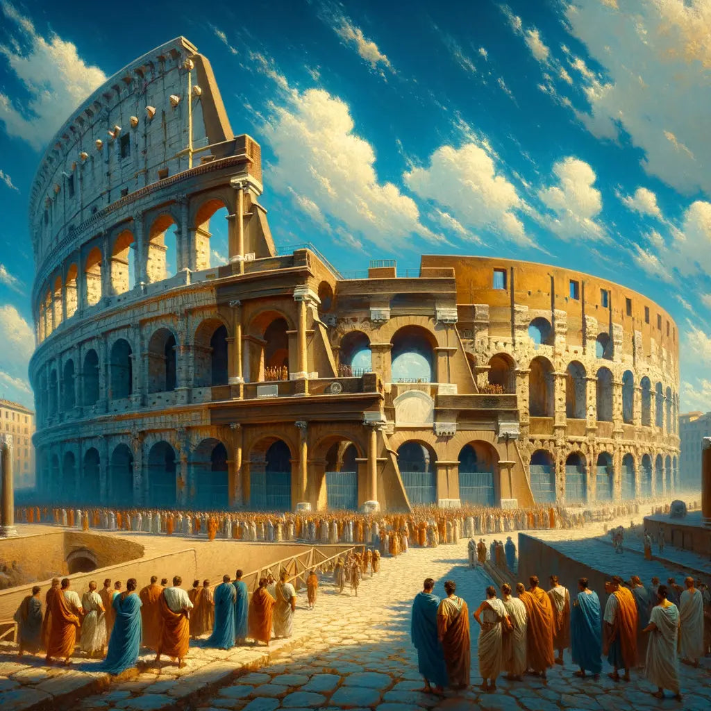 Ancient Roman Colosseum with intricate arches under a bright sky, in the style of a 1960s historical epic.