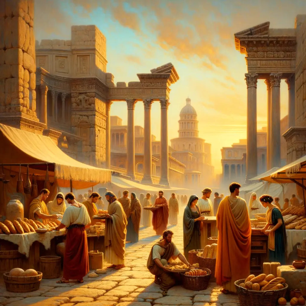 Roman marketplace at dawn with vendors, bakers, and craftsmen, styled like 1960s historical film portraits.
