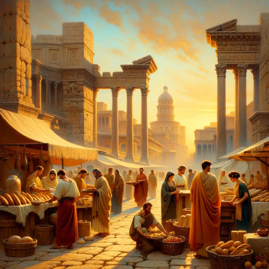 Roman marketplace at dawn with vendors, bakers, and craftsmen, styled like 1960s historical film portraits.