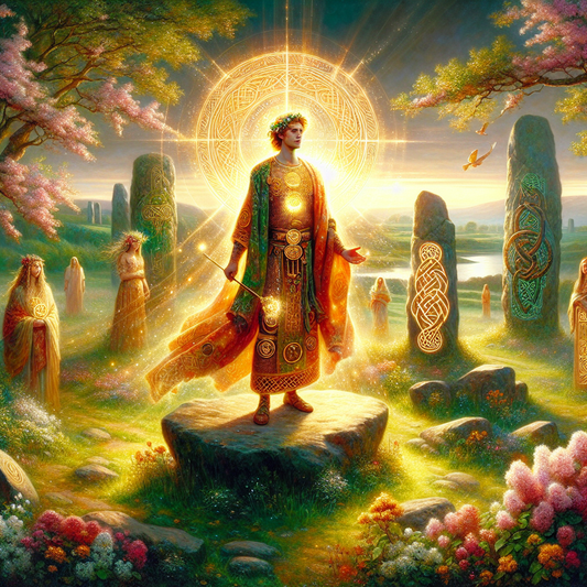 Young Celtic god Angus Og stands heroically amidst spring blossoms and Celtic knots in a misty Gaelic landscape, radiating love and creative energy in a painterly historical style.