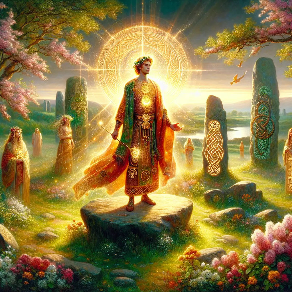 Young Celtic god Angus Og stands heroically amidst spring blossoms and Celtic knots in a misty Gaelic landscape, radiating love and creative energy in a painterly historical style.
