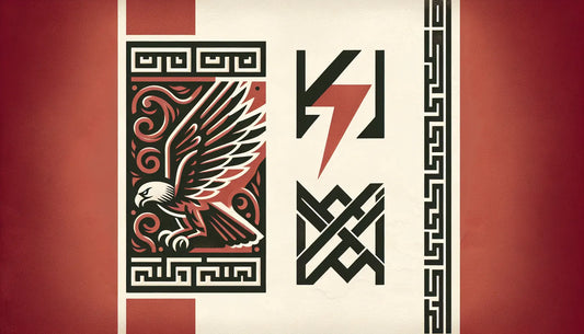 Fragment antiker Symbole von Zeus und Odin kombiniert mit Blitz und Runen auf hellem steinernen Hintergrund