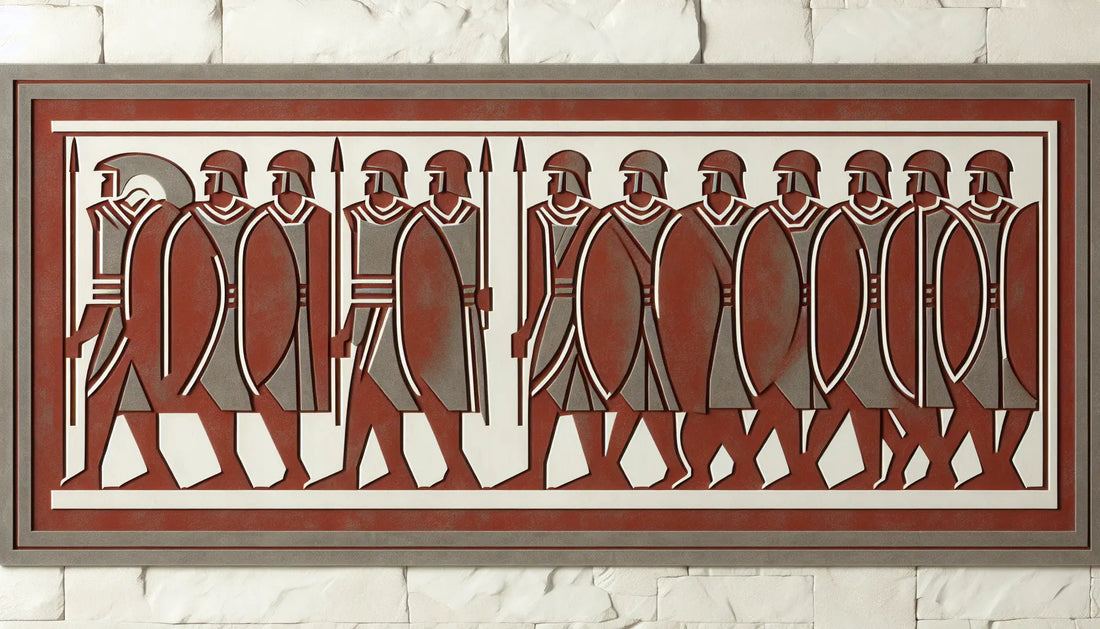 antikes steinrelief mit stilisierten kriegern in formation in ziegelrot auf hellem stein im signum stil