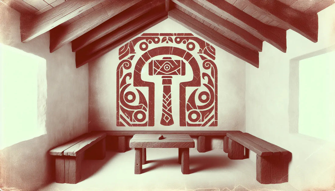 Symbol eines Thorshammers als steinernes Relief mit nordischer Mythologie im ruhigen antiken Stil