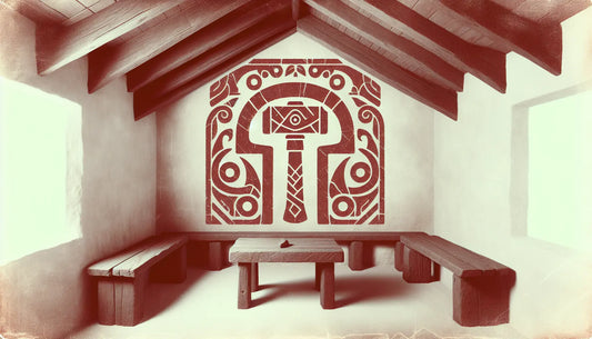 Symbol eines Thorshammers als steinernes Relief mit nordischer Mythologie im ruhigen antiken Stil