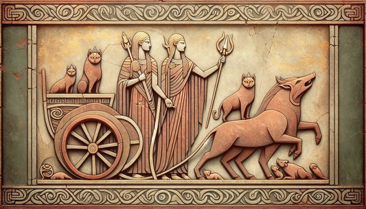 Relief mit nordischen Goettern Freya und Freyr auf steinerner Platte mit Katzenwagen und goldenem Eber im antiken Stil