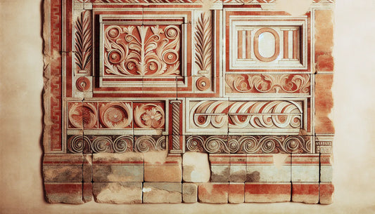 Fragment eines steinernen Reliefs mit roemischer Ornamentik in Ziegelrot auf hellem Hintergrund