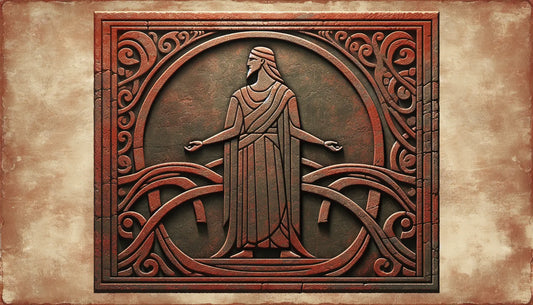 Steinrelief mit Bifrost Bruecke und Heimdall Figur in antiker roemischer Farbgebung